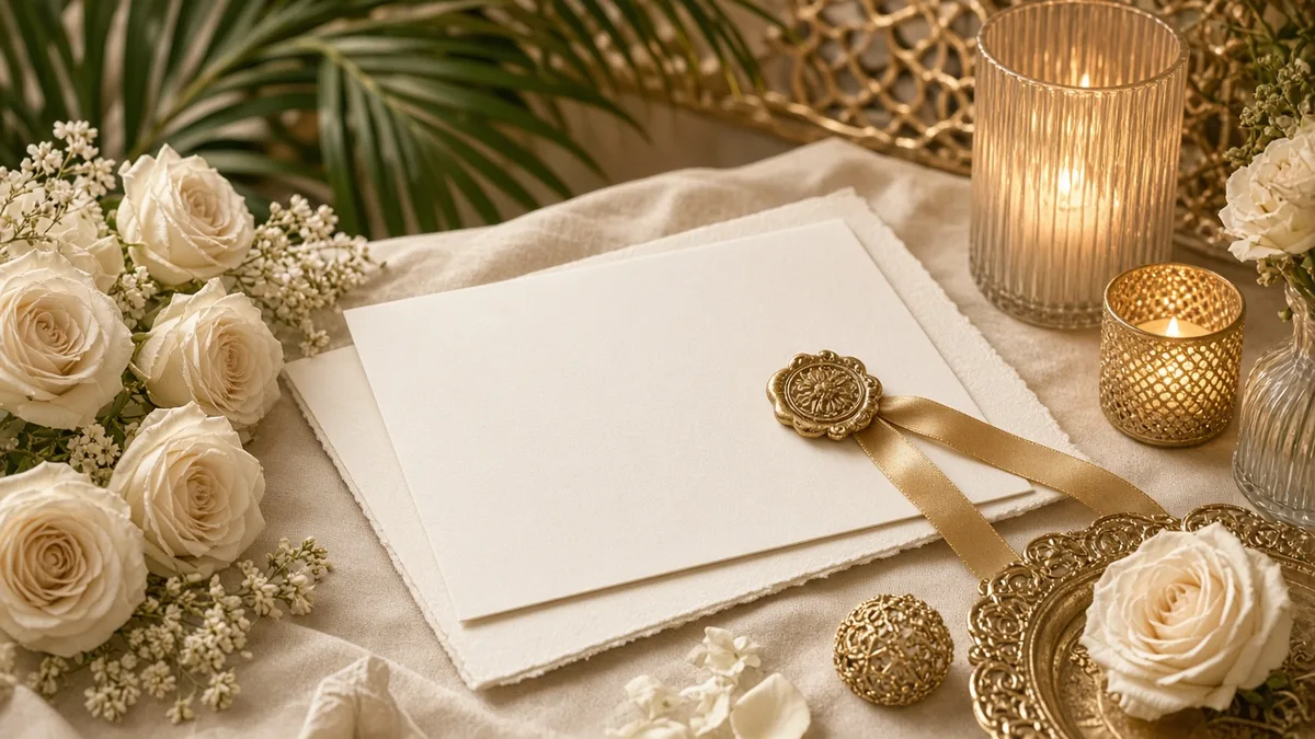 Ivory wedding stationery with a gold wax seal and candlelit flowers