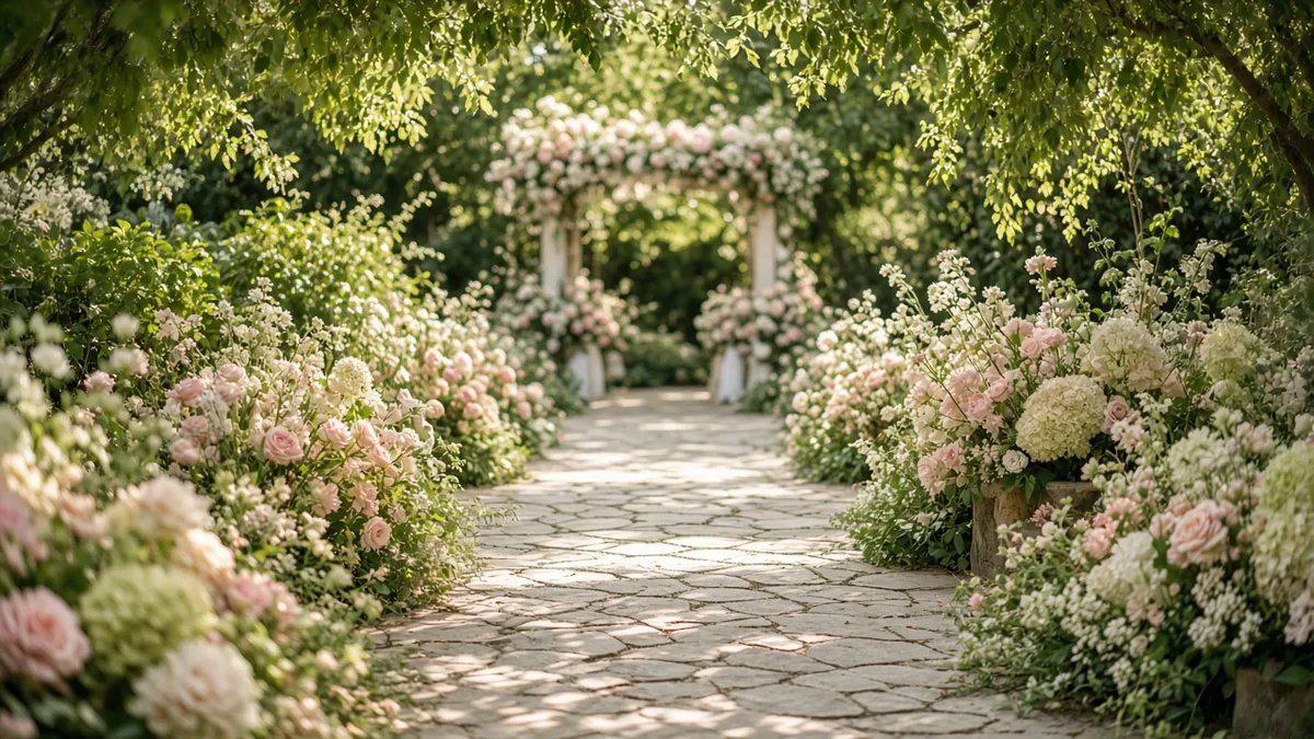 A garden walkway framed by white and blush flowers