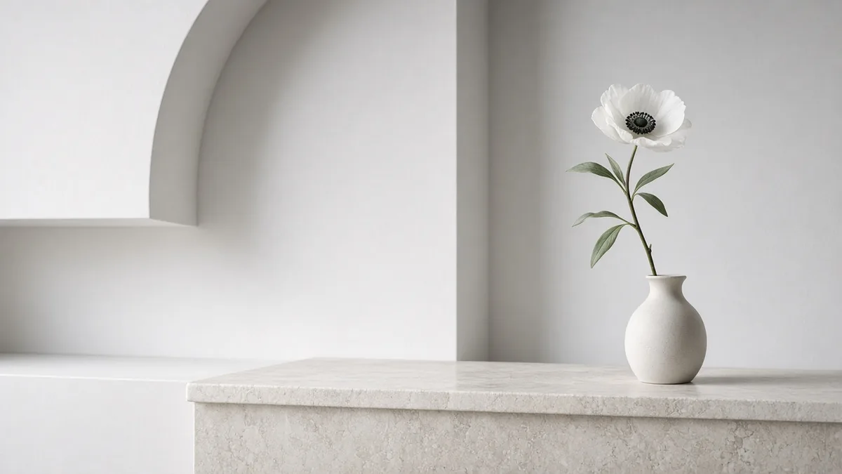Minimal ivory interior with sculptural alcoves and a delicate white flower