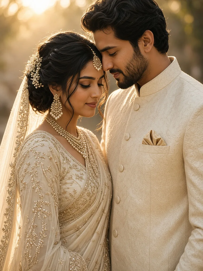 A couple in ivory wedding attire sharing a quiet moment